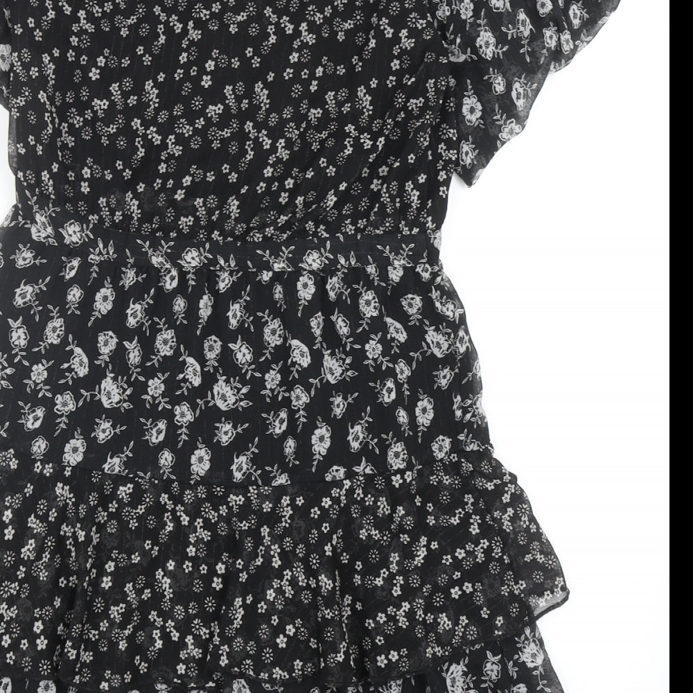 Topshop Womens Black Floral Polyester Mini Size 10 V-Neck Zip