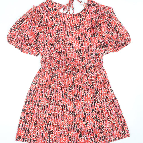 Topshop Womens Red Geometric Polyester Skater Dress Size 12 Boat Neck Tie