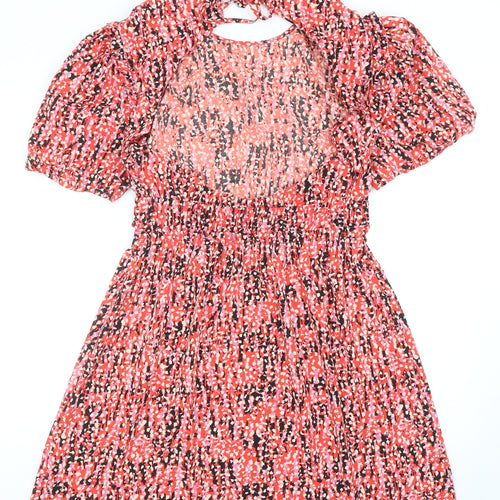 Topshop Womens Red Geometric Polyester Skater Dress Size 12 Boat Neck Tie