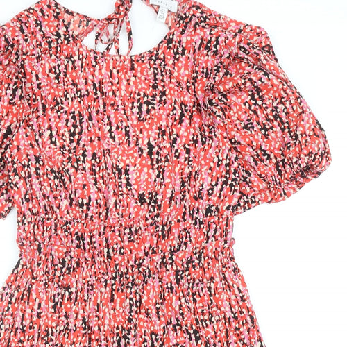 Topshop Womens Red Geometric Polyester Skater Dress Size 12 Boat Neck Tie