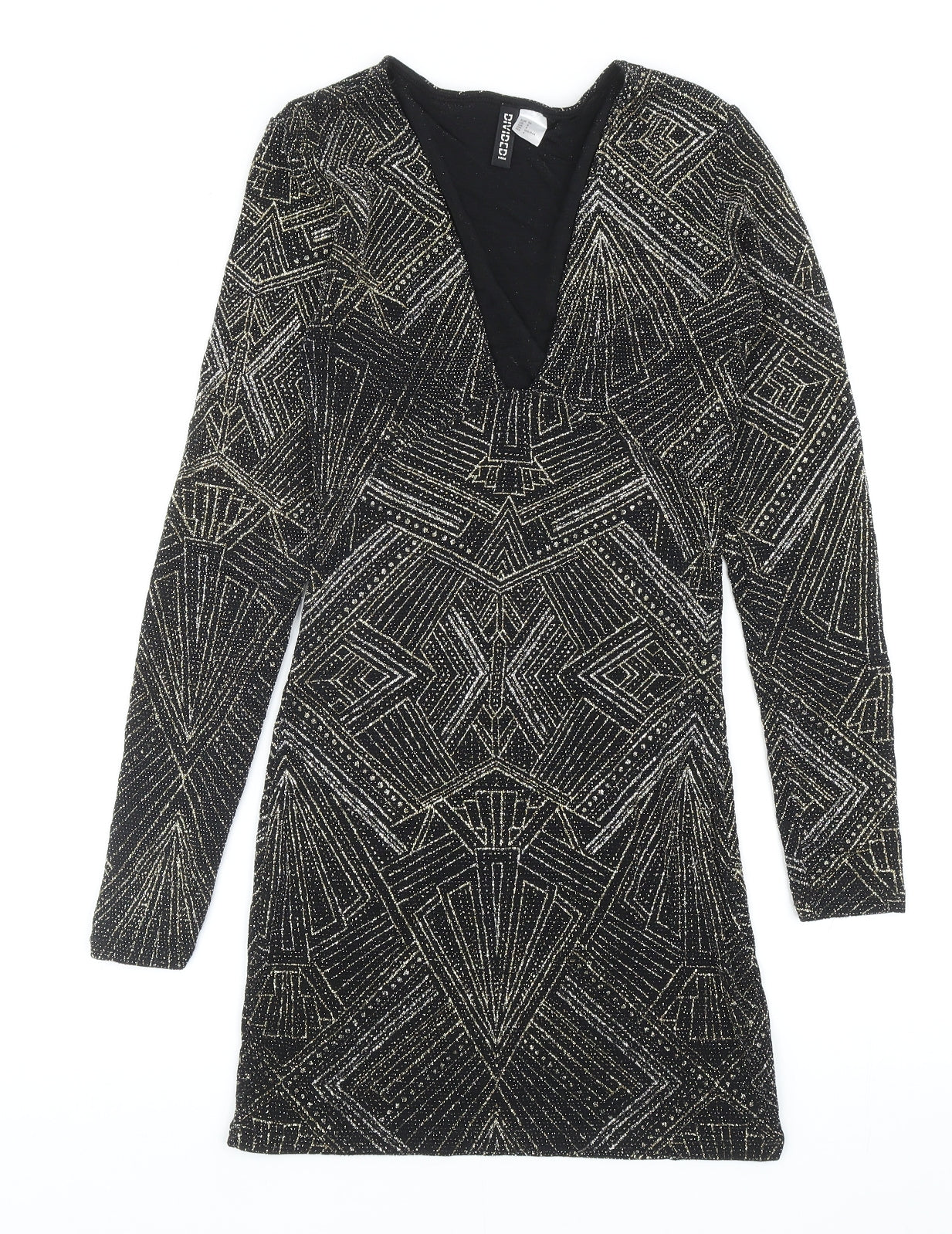 Divided by H&M Womens Black Geometric Polyamide Bodycon Size 8 V-Neck Pullover