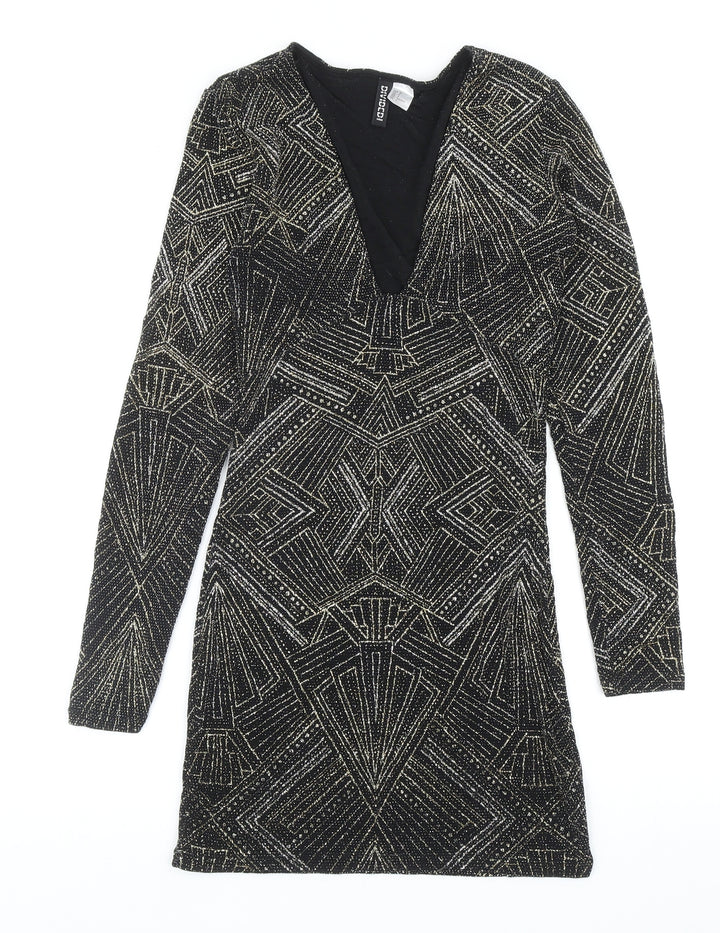 Divided by H&M Womens Black Geometric Polyamide Bodycon Size 8 V-Neck Pullover