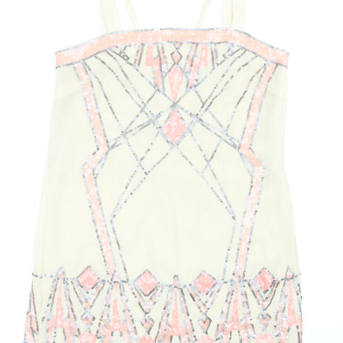 Warehouse Womens Beige Geometric Polyester Tank Dress Size 12 Square Neck Zip
