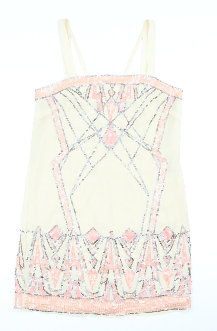 Warehouse Womens Beige Geometric Polyester Tank Dress Size 12 Square Neck Zip