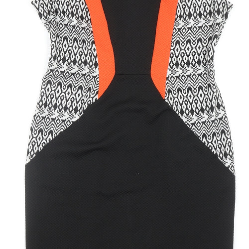 George Womens Black Geometric Polyester Pencil Dress Size 14 Boat Neck Zip
