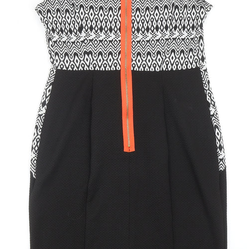 George Womens Black Geometric Polyester Pencil Dress Size 14 Boat Neck Zip