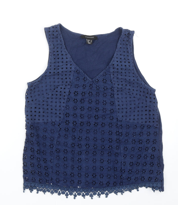 Atmosphere Womens Blue Geometric Cotton Basic Tank Size 12 V-Neck