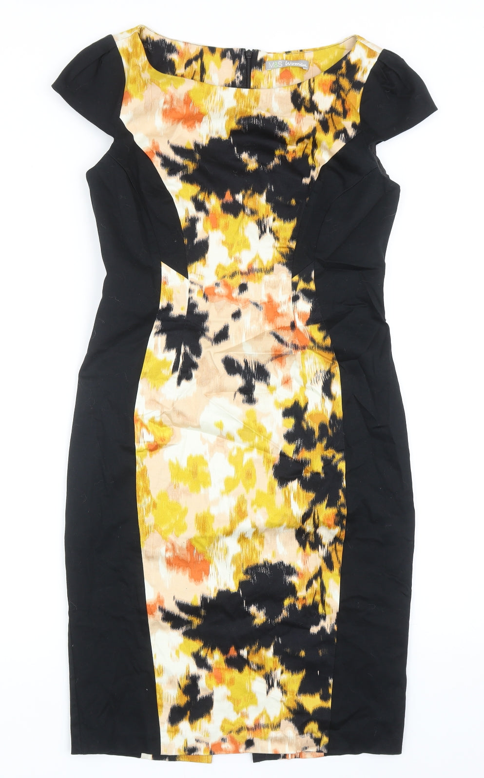 Marks and Spencer Womens Black Geometric Cotton Pencil Dress Size 8 Boat Neck Zip