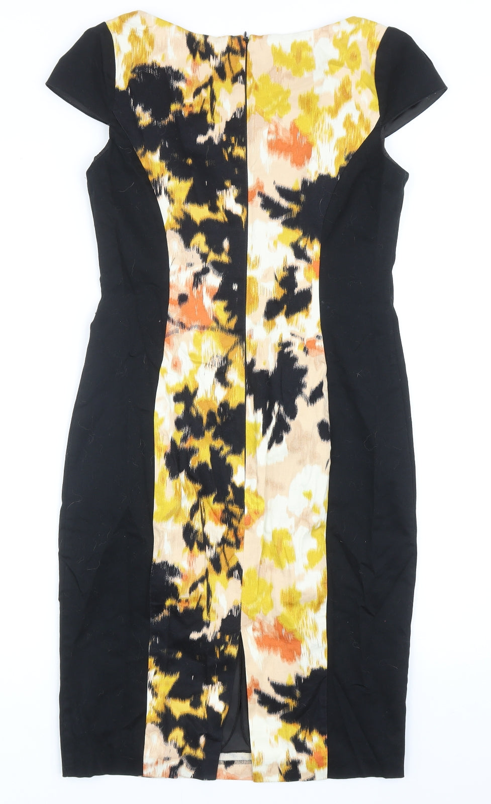 Marks and Spencer Womens Black Geometric Cotton Pencil Dress Size 8 Boat Neck Zip