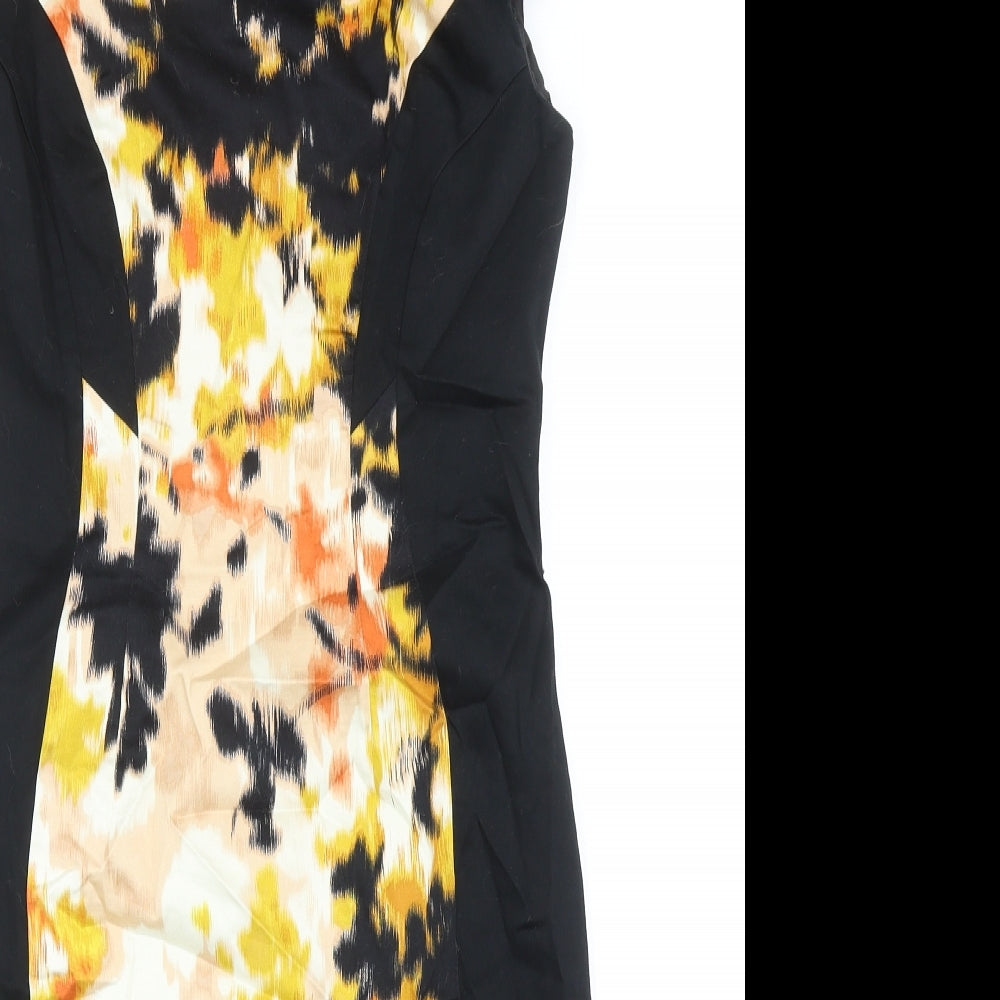 Marks and Spencer Womens Black Geometric Cotton Pencil Dress Size 8 Boat Neck Zip