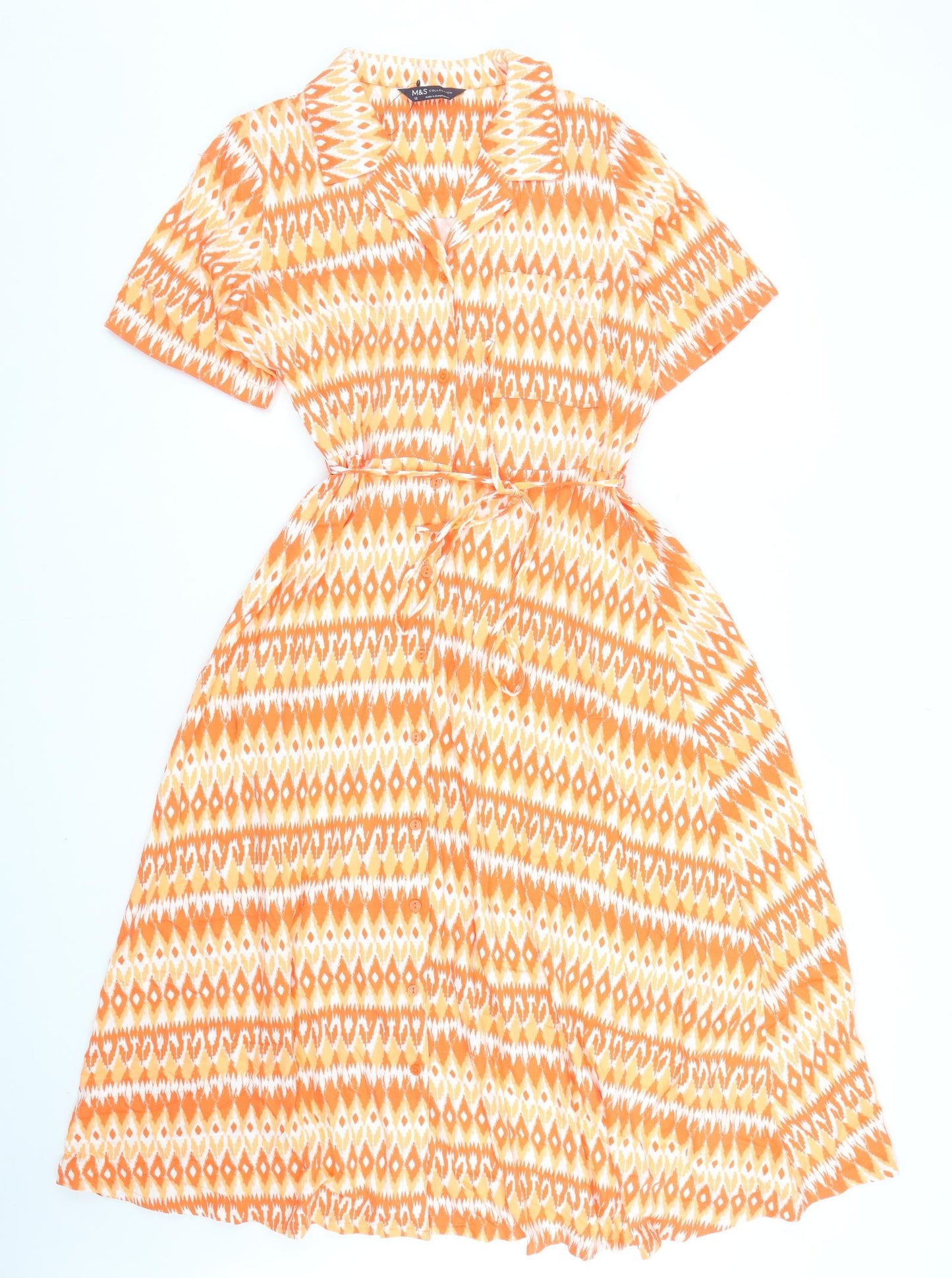 Marks and Spencer Womens Orange Geometric Viscose Shirt Dress Size 12 Collared Button