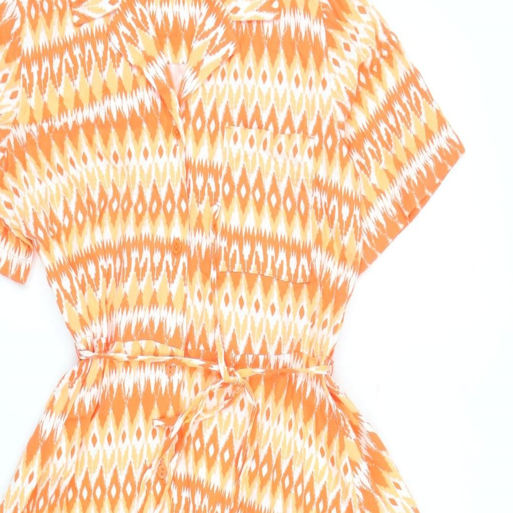 Marks and Spencer Womens Orange Geometric Viscose Shirt Dress Size 12 Collared Button