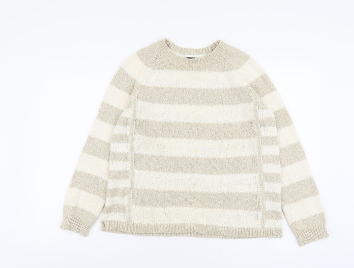 Marks and Spencer Womens Beige Round Neck Striped Polyester Pullover Jumper Size 14