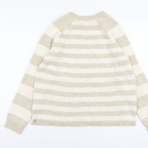 Marks and Spencer Womens Beige Round Neck Striped Polyester Pullover Jumper Size 14