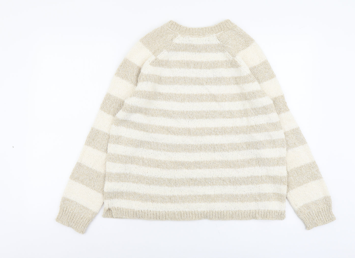 Marks and Spencer Womens Beige Round Neck Striped Polyester Pullover Jumper Size 14