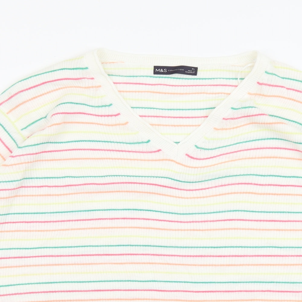 Marks and Spencer Womens Multicoloured V-Neck Striped Acrylic Pullover Jumper Size XL