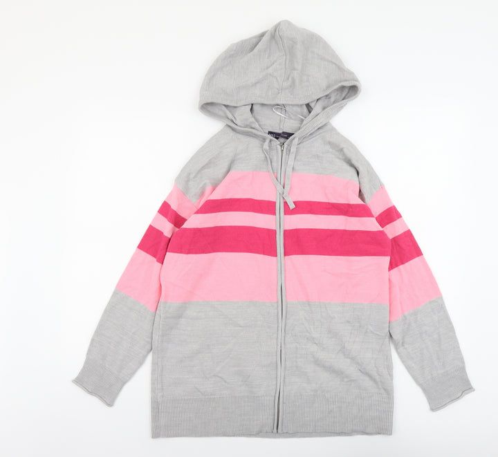 Marks and Spencer Womens Grey Round Neck Striped Acrylic Full Zip Jumper Size S