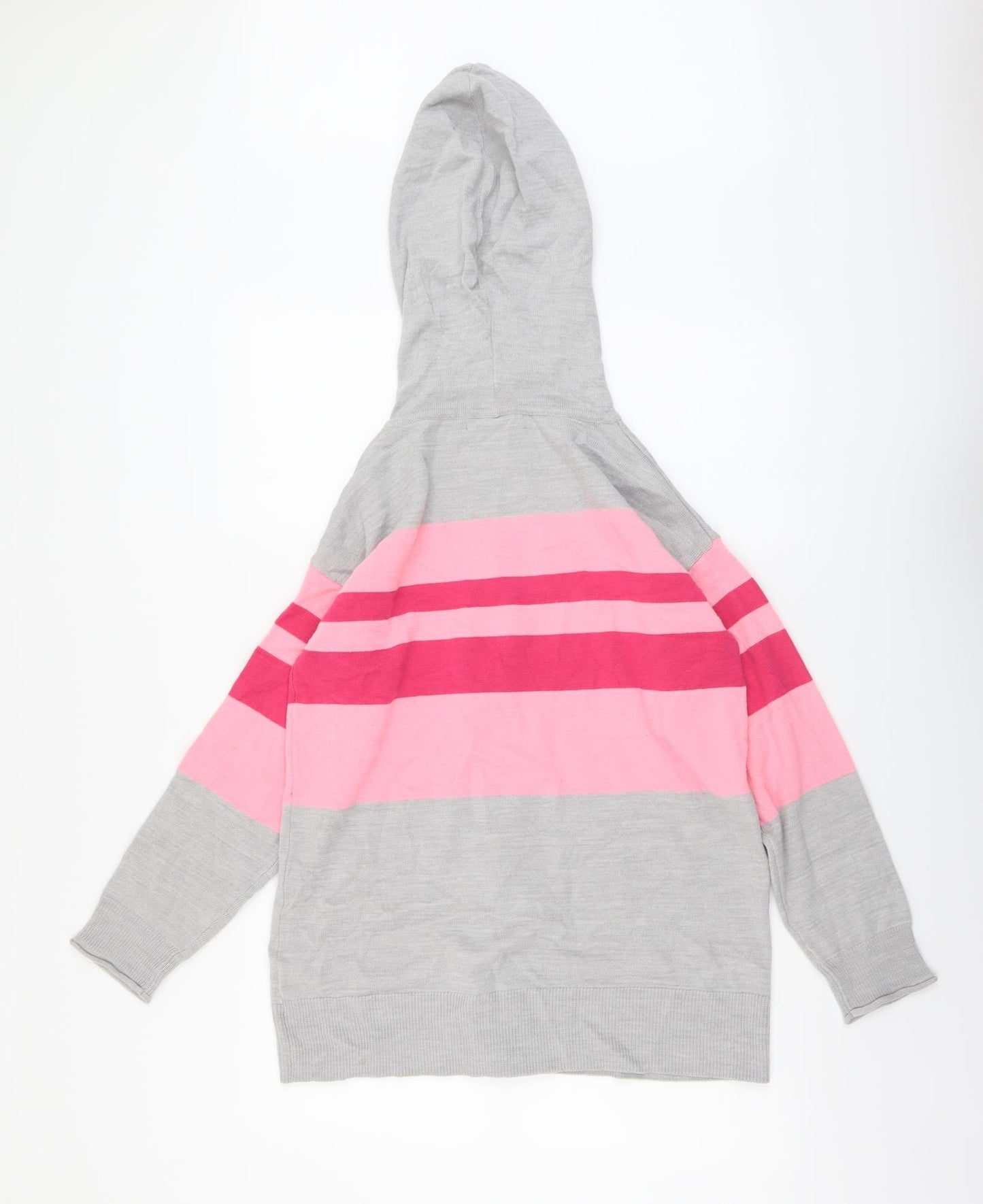 Marks and Spencer Womens Grey Round Neck Striped Acrylic Full Zip Jumper Size S