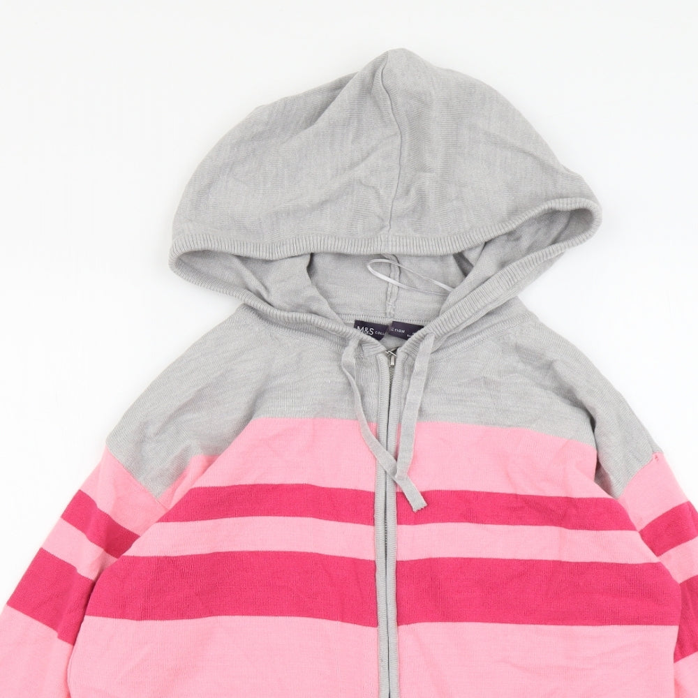 Marks and Spencer Womens Grey Round Neck Striped Acrylic Full Zip Jumper Size S