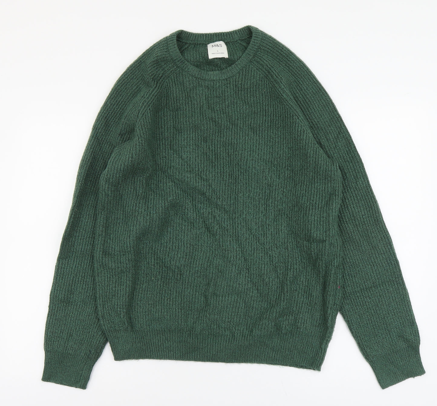 Marks and Spencer Mens Green Round Neck Polyamide Pullover Jumper Size L Long Sleeve