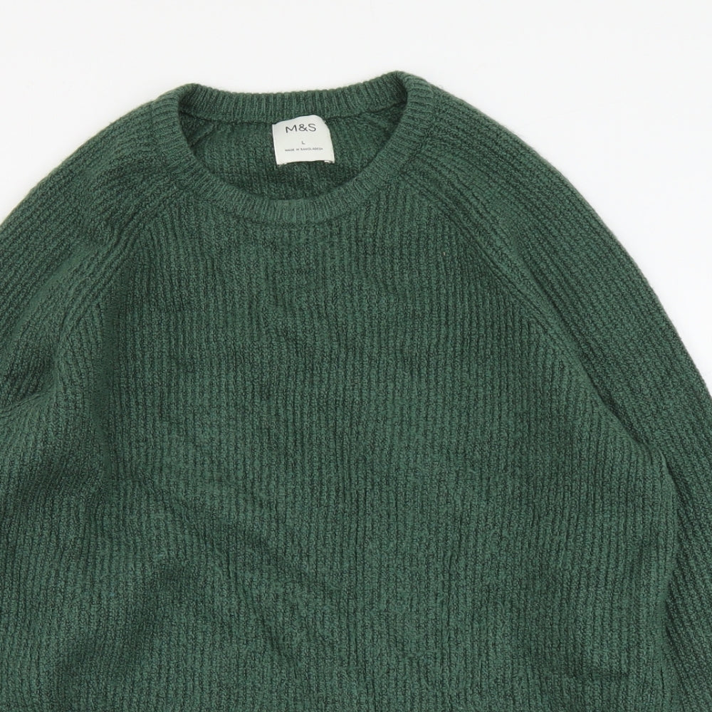 Marks and Spencer Mens Green Round Neck Polyamide Pullover Jumper Size L Long Sleeve