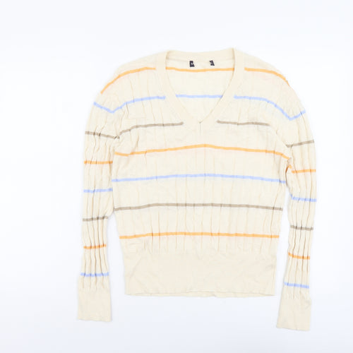 Marks and Spencer Womens Beige V-Neck Striped Acrylic Pullover Jumper Size M - Ribbed