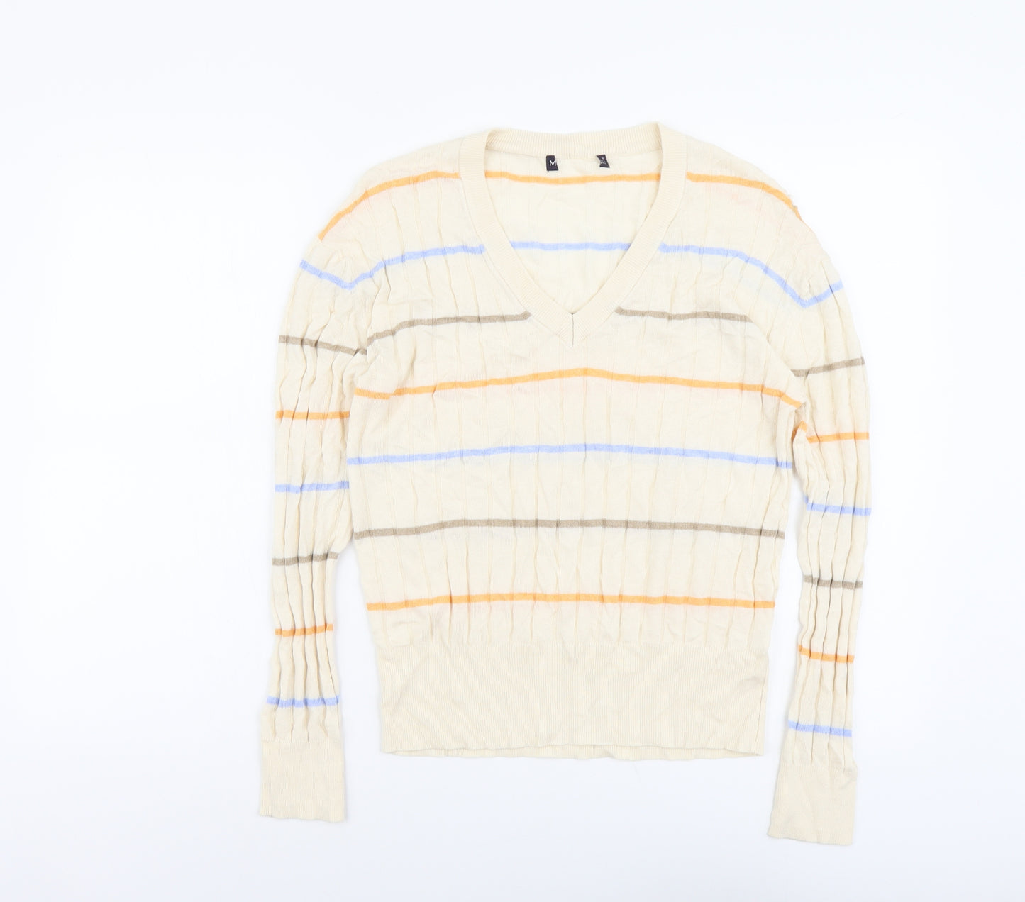 Marks and Spencer Womens Beige V-Neck Striped Acrylic Pullover Jumper Size M - Ribbed