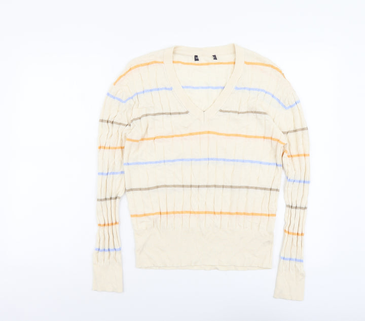 Marks and Spencer Womens Beige V-Neck Striped Acrylic Pullover Jumper Size M - Ribbed