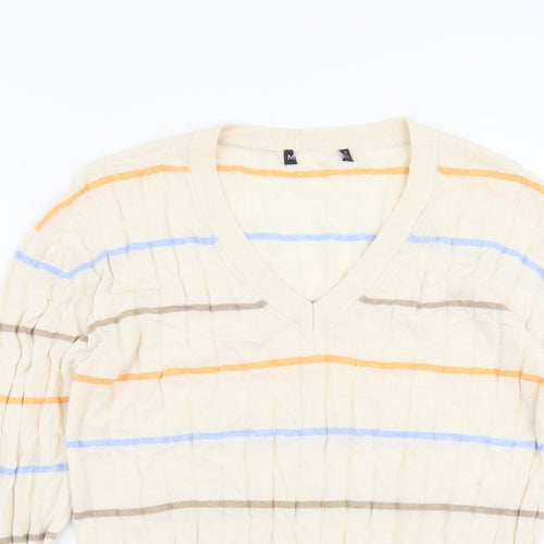 Marks and Spencer Womens Beige V-Neck Striped Acrylic Pullover Jumper Size M - Ribbed