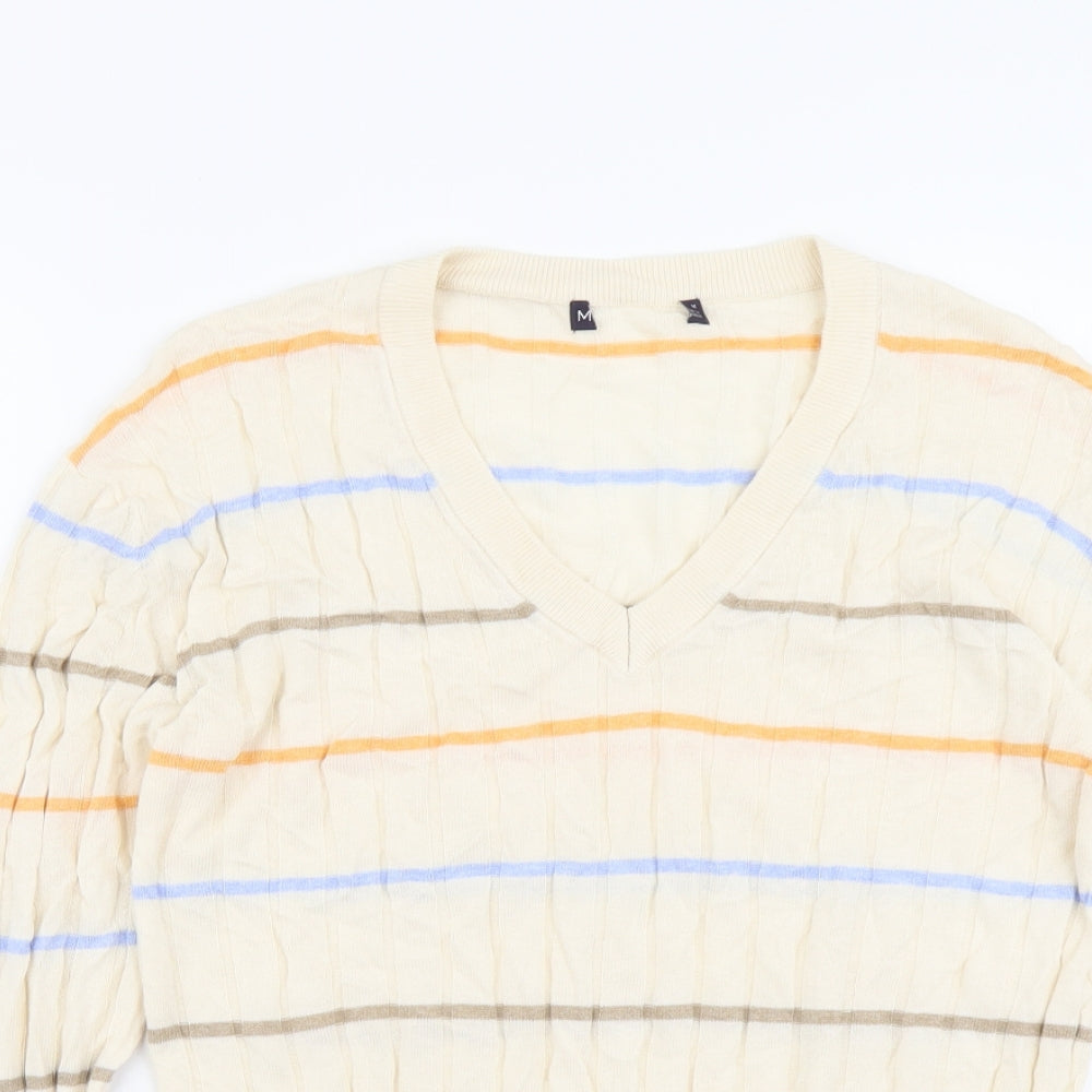 Marks and Spencer Womens Beige V-Neck Striped Acrylic Pullover Jumper Size M - Ribbed