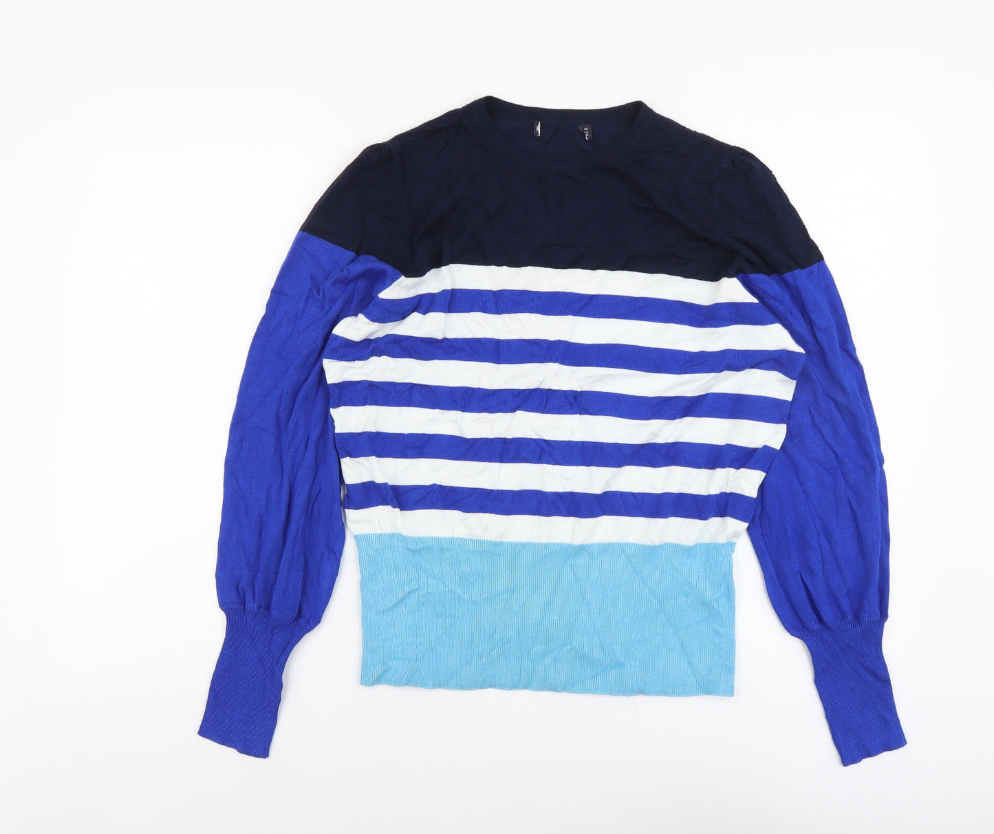 Marks and Spencer Womens Blue Scoop Neck Striped Viscose Pullover Jumper Size 14