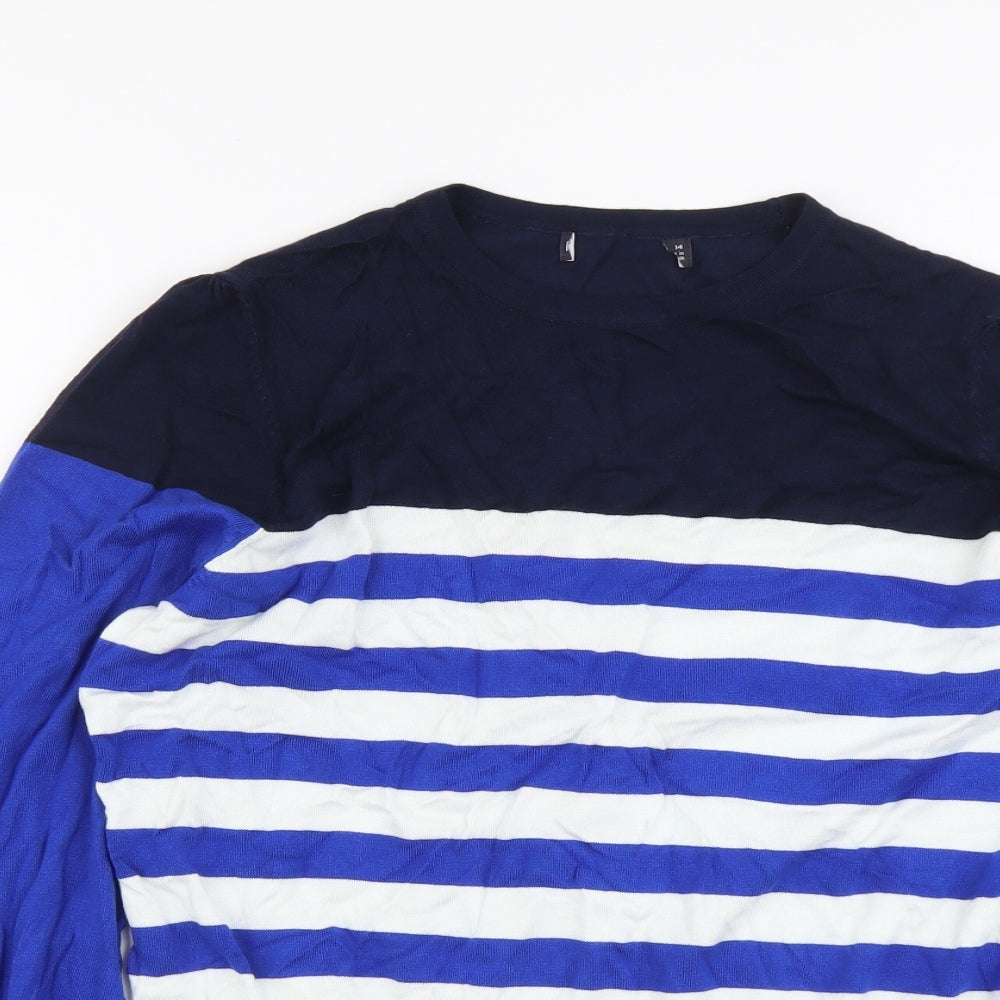 Marks and Spencer Womens Blue Scoop Neck Striped Viscose Pullover Jumper Size 14