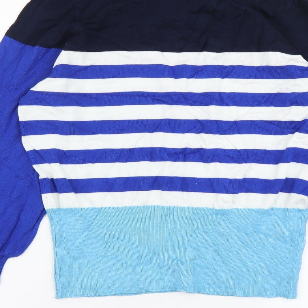 Marks and Spencer Womens Blue Scoop Neck Striped Viscose Pullover Jumper Size 14
