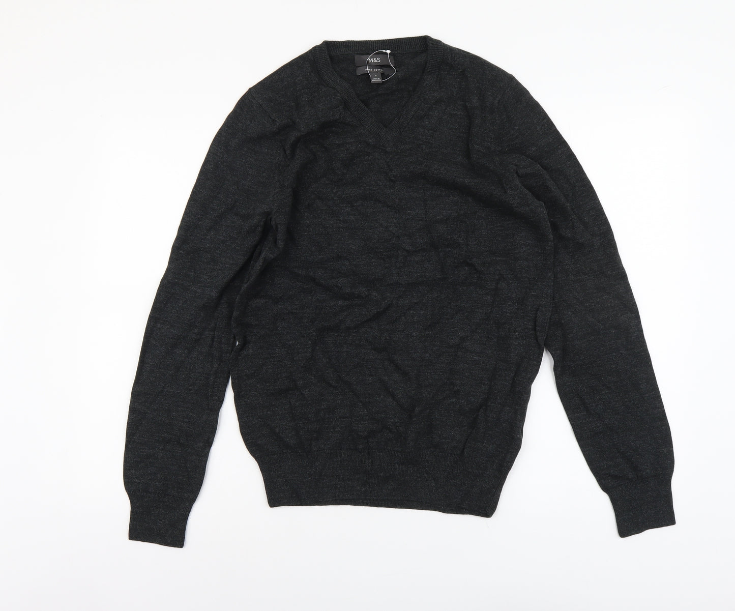 Marks and Spencer Mens Grey V-Neck Cotton Pullover Jumper Size S Long Sleeve