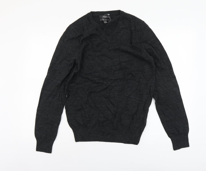 Marks and Spencer Mens Grey V-Neck Cotton Pullover Jumper Size S Long Sleeve