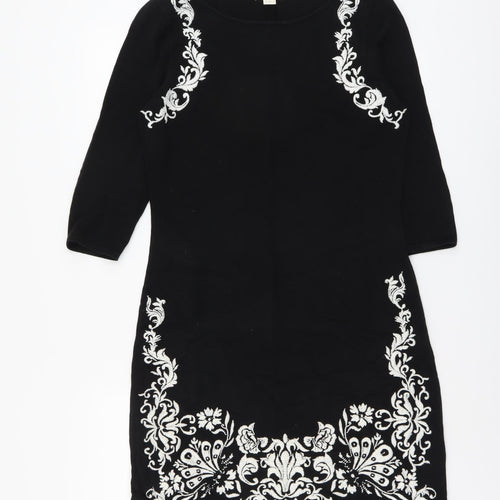 Monsoon Womens Black Floral Cotton Sheath Size 12 Boat Neck Pullover