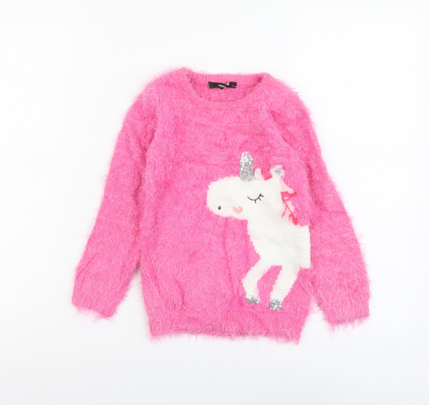 George Girls Pink Round Neck Polyamide Pullover Jumper Size 5-6 Years Pullover - Unicorn