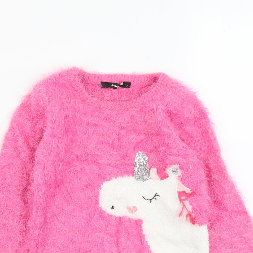 George Girls Pink Round Neck Polyamide Pullover Jumper Size 5-6 Years Pullover - Unicorn