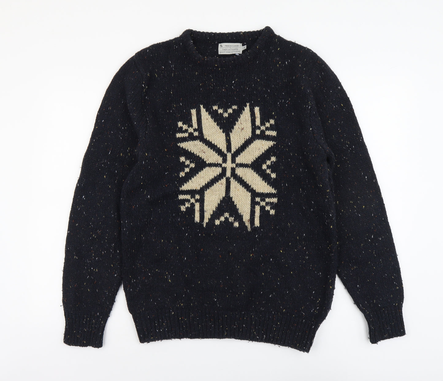 TU Mens Blue Round Neck Fair Isle Acrylic Pullover Jumper Size M Long Sleeve