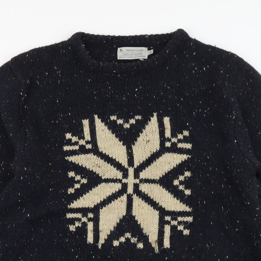 TU Mens Blue Round Neck Fair Isle Acrylic Pullover Jumper Size M Long Sleeve