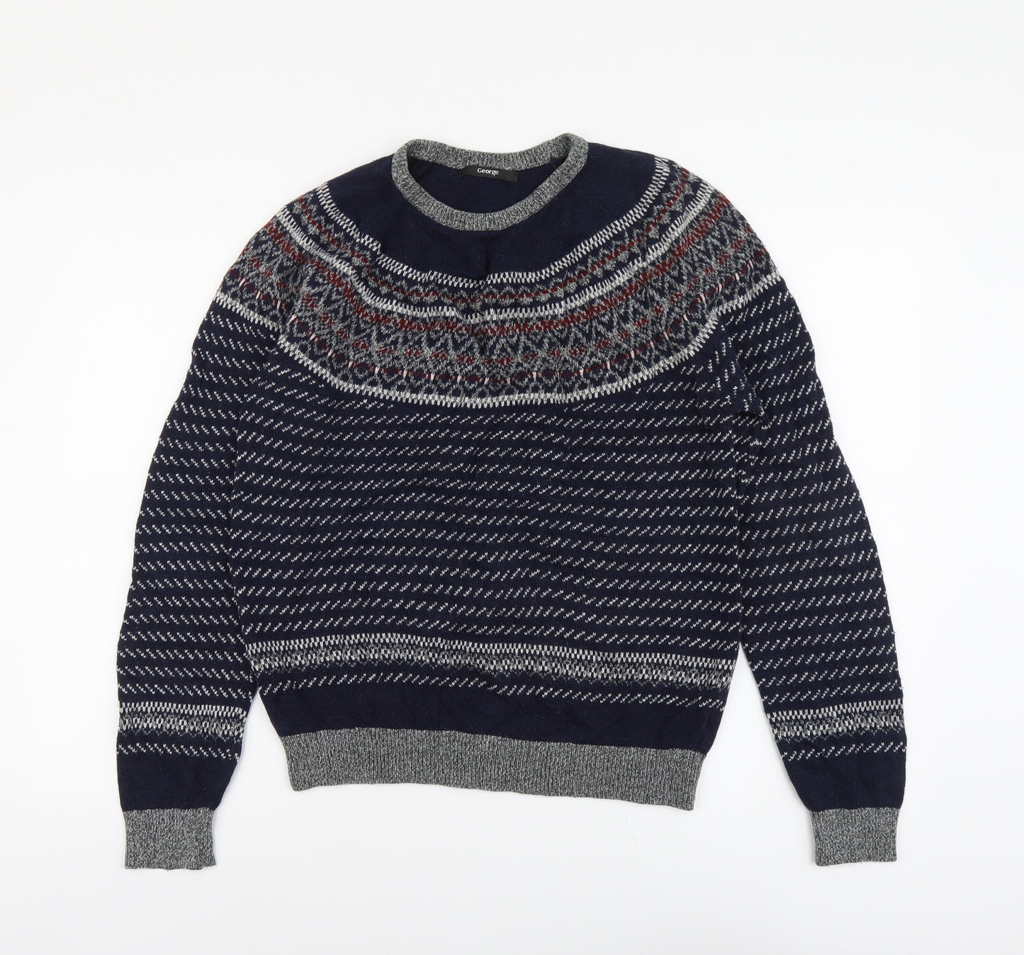 George Mens Blue Round Neck Fair Isle Acrylic Pullover Jumper Size S Long Sleeve