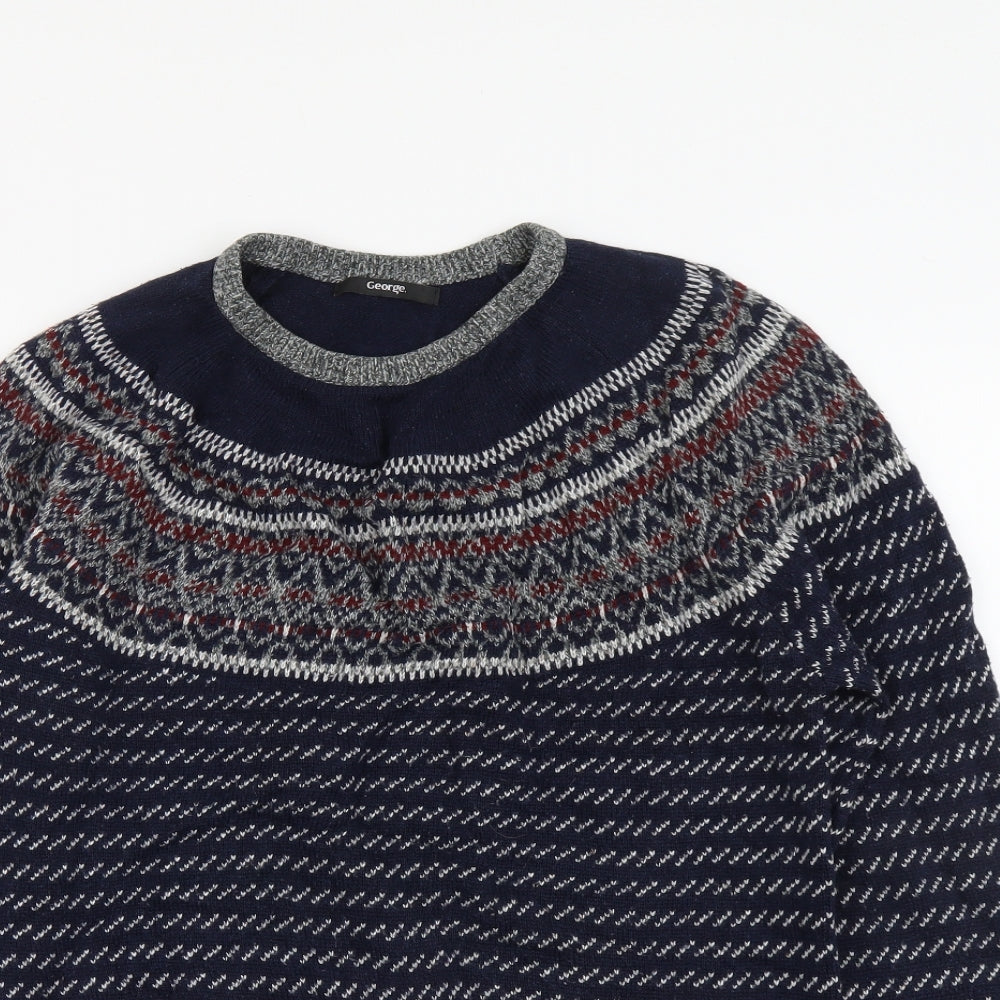 George Mens Blue Round Neck Fair Isle Acrylic Pullover Jumper Size S Long Sleeve