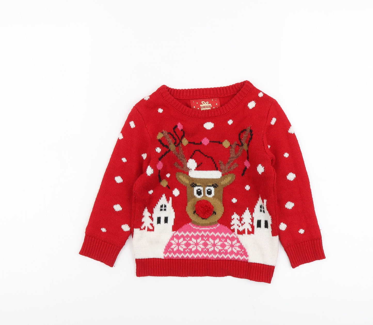 Primark Girls Red Boat Neck Acrylic Pullover Jumper Size 3-4 Years Pullover - Christmas Reindeer