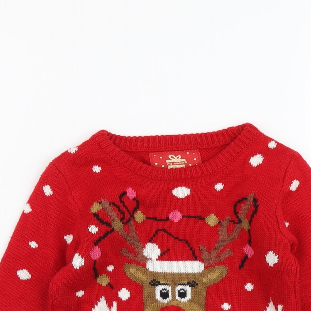 Primark Girls Red Boat Neck Acrylic Pullover Jumper Size 3-4 Years Pullover - Christmas Reindeer