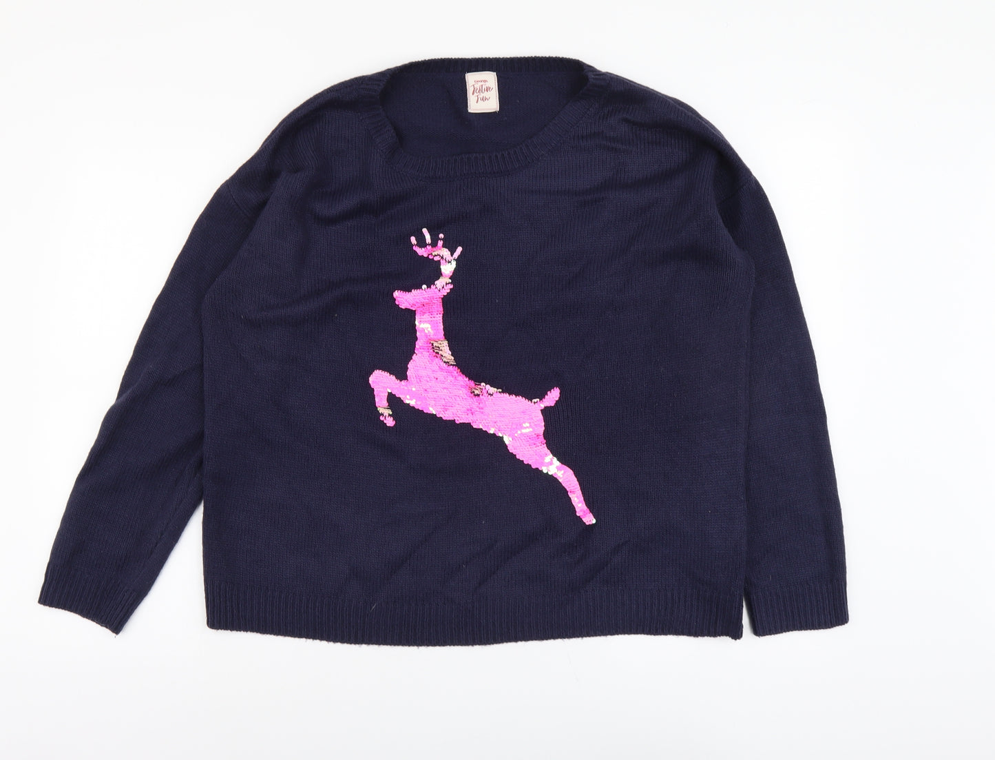 George Womens Blue Round Neck Acrylic Pullover Jumper Size 16 - Reindeer Pattern