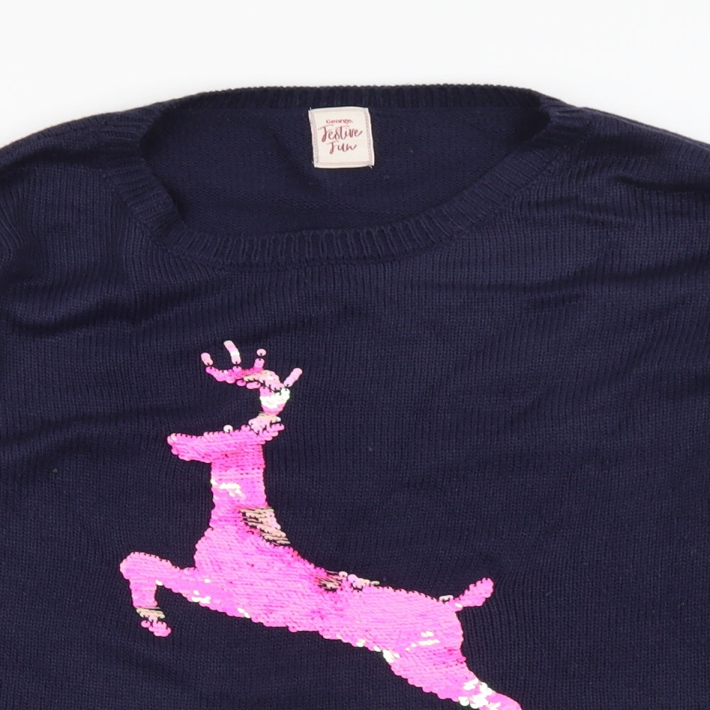 George Womens Blue Round Neck Acrylic Pullover Jumper Size 16 - Reindeer Pattern