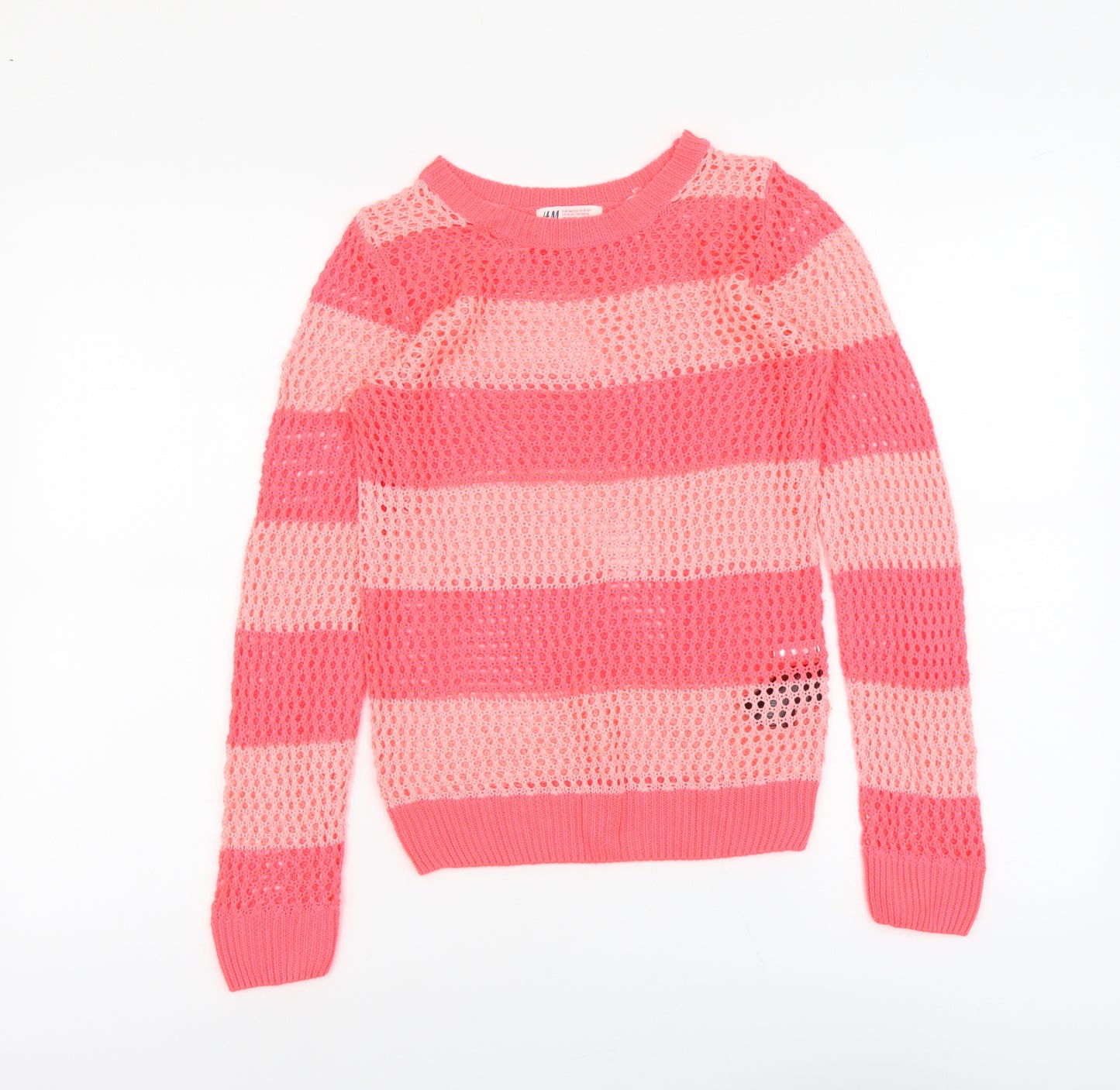 H&M Girls Pink Round Neck Striped Acrylic Pullover Jumper Size 10-11 Years Pullover
