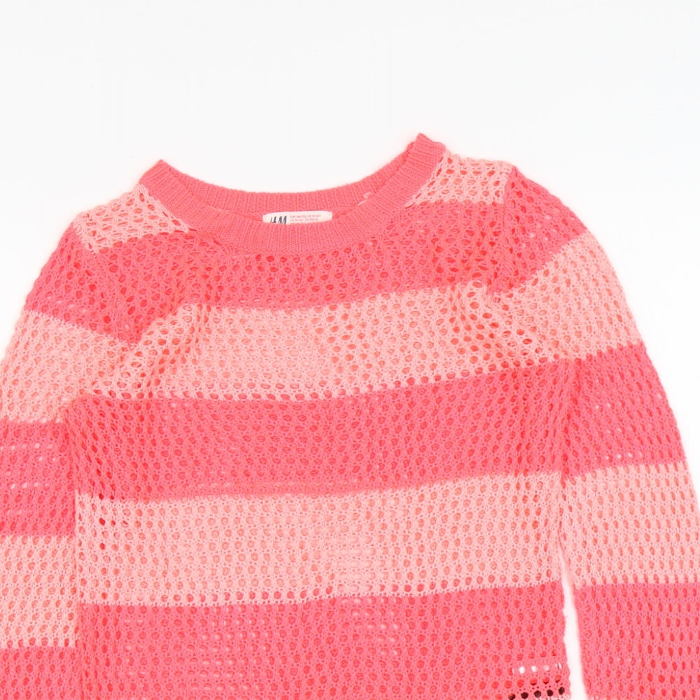 H&M Girls Pink Round Neck Striped Acrylic Pullover Jumper Size 10-11 Years Pullover