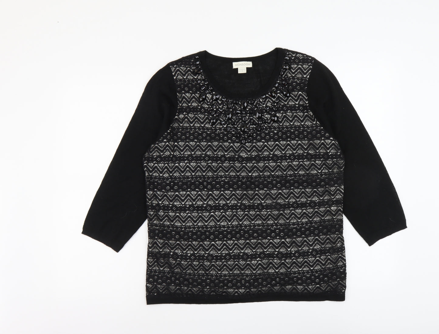 Monsoon Womens Black Round Neck Geometric Acrylic Pullover Jumper Size 16