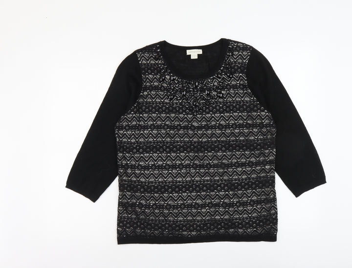 Monsoon Womens Black Round Neck Geometric Acrylic Pullover Jumper Size 16